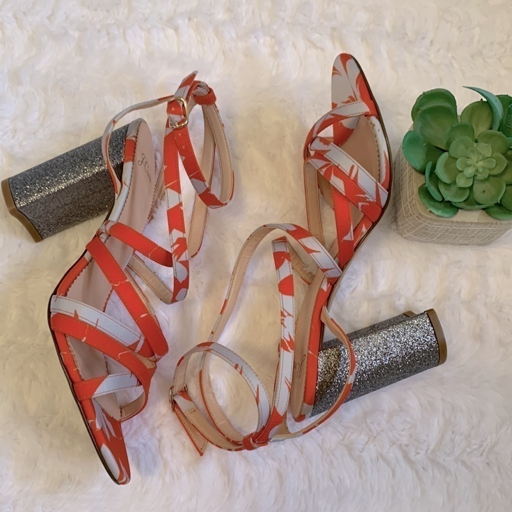 J. Crew Stella In orange and blue Ratti Falling Leaves glitter strappy heels - Picture 5 of 7